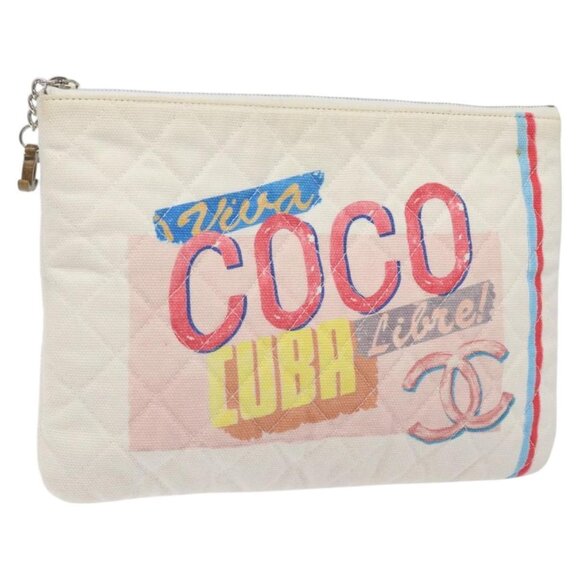 CHANEL Clutch Bag Canvas White Silver CC Auth MY158